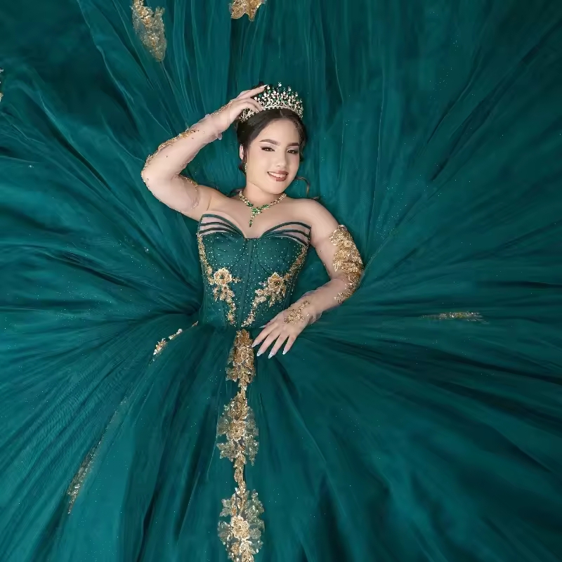 Green Quinceanera Dresses Ball Gown Off The Shoulder Gold Applique Beads Tull Corset Party Birthday Sweet 16 Vestidos 15 Anos