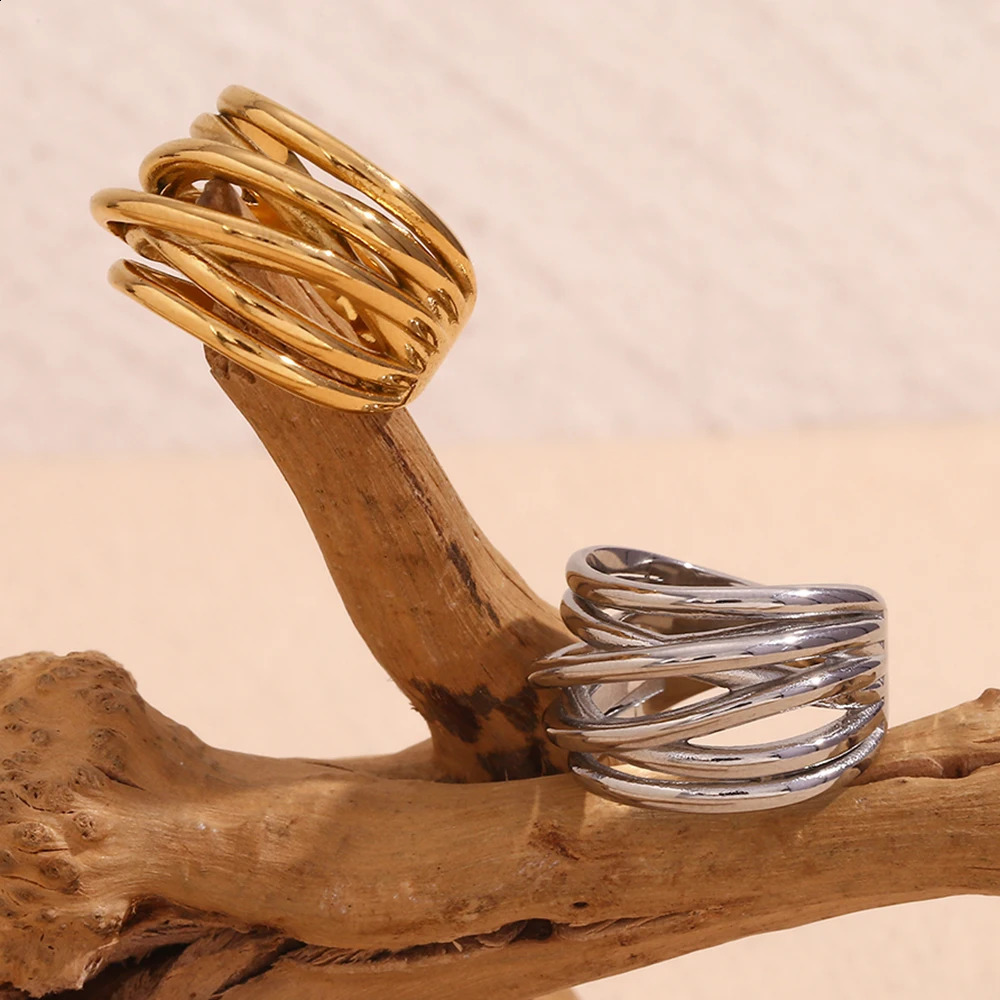MamacitaSlay Stylish Waterproof Multi-Layer Irregular Woven Winding Womens rings Premium Stainless Steel Jewelry Decoration 250807