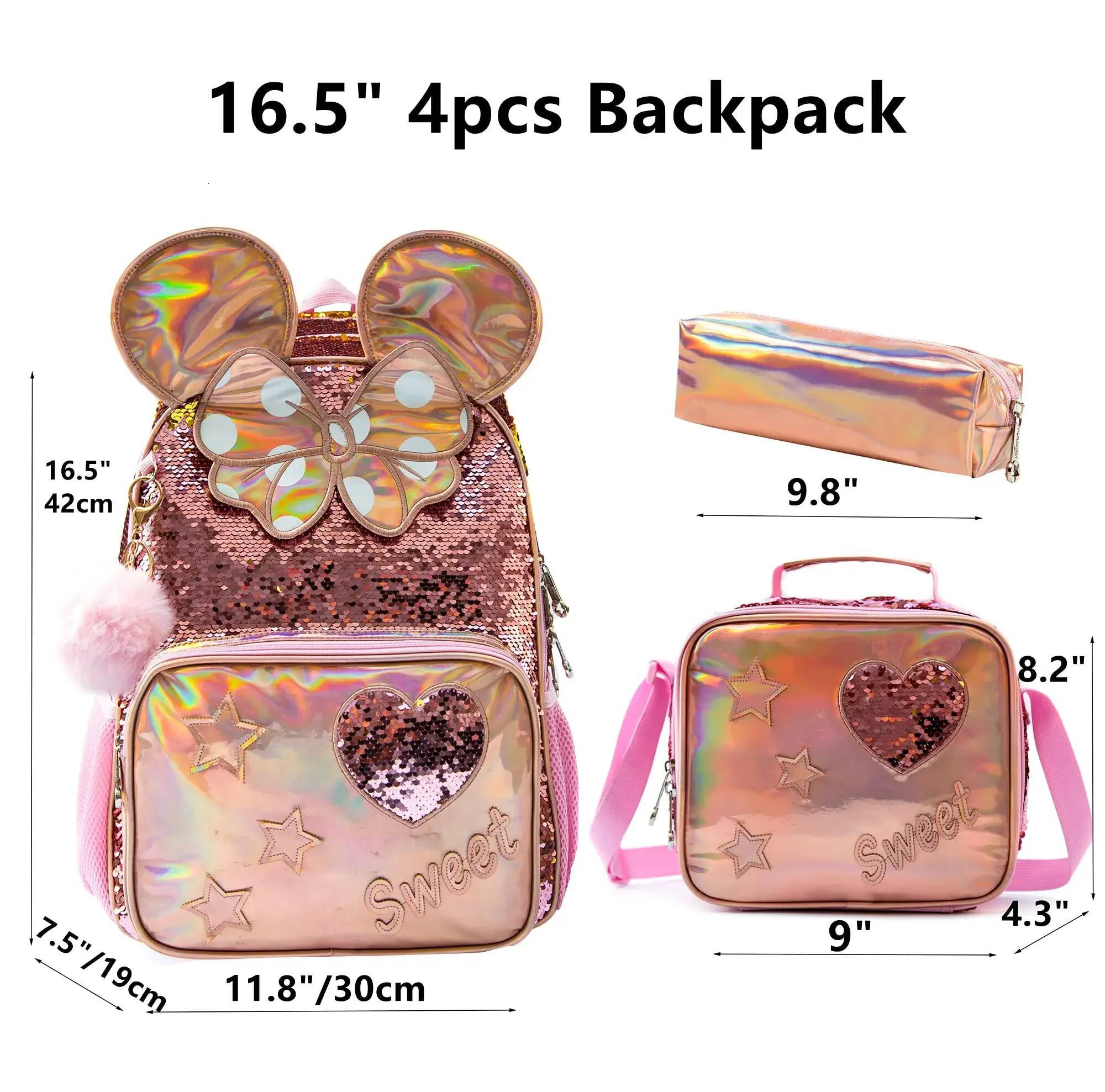 School Backpacks with Lunch Box Elementary Students, Travel Sequin Backpack for Girls, 16 ", 3Pcs