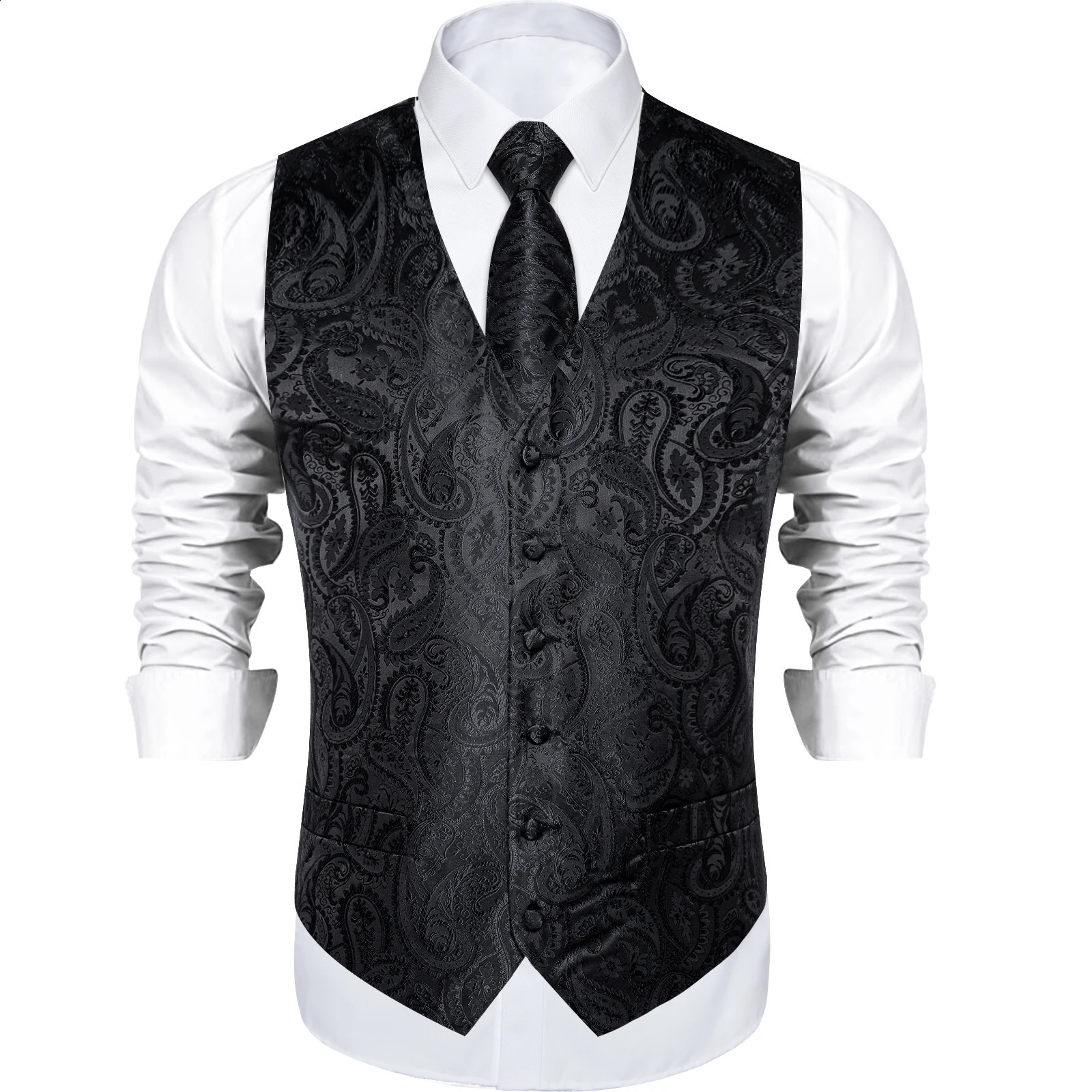 Mens Black Solid Paisley Suit Vest with Necktie Bow Tie Handkerchief Cufflinks Formal Waistcoat for Wedding Prom Tuxedo 250809
