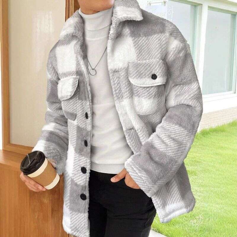 Men's Clothing Fashion Color Matching Plaid Lapel Three Dimensional Pocket Mid Length Jacket