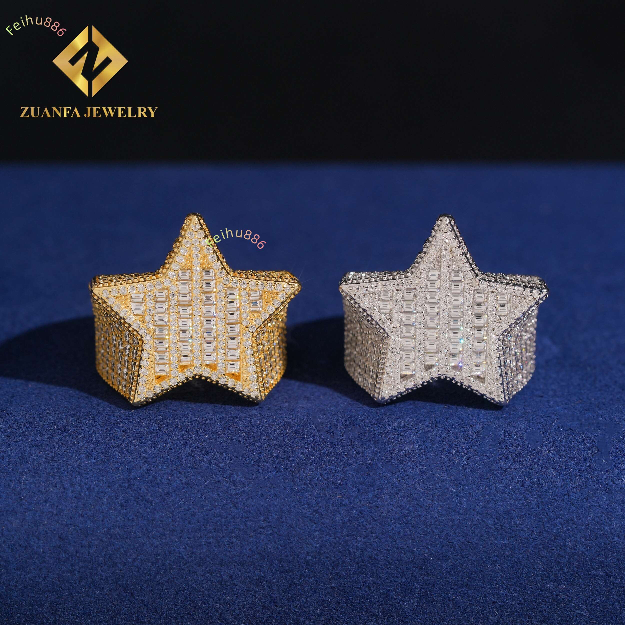 Trendy Jewelry Luxury Design Baguette Diamond Hip Hop Five Stars 925 Silver Iced Out VVS Moissanite Ring Mens
