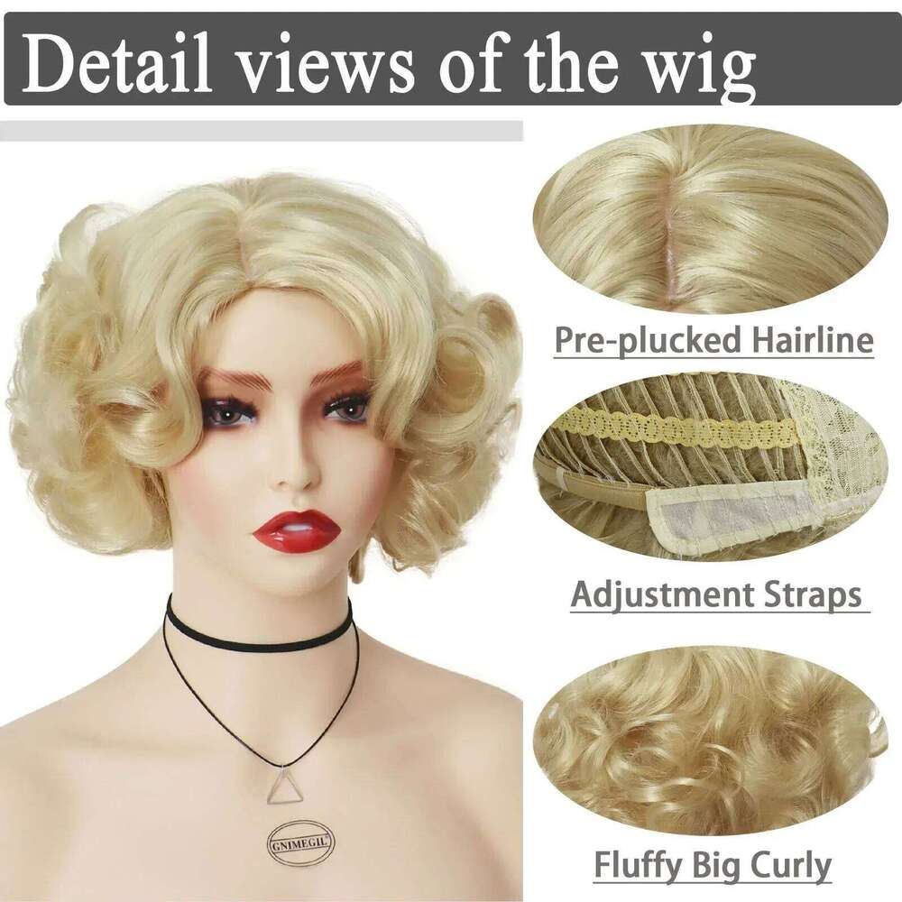 GNIMEGIL Synthetic Cosplay Wig Short Curly Hair Platinum Blonde for White Women Fluffy Curls Flip 60s Gatsby Hairstyle Wigs