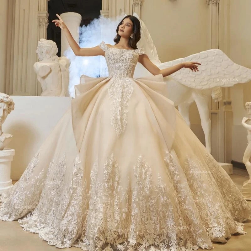 Champagne Quinceanera Dresses Off The Shoulder Applique Lace Beading Tull Vestido 15 De Corset Sweet 16 Dress