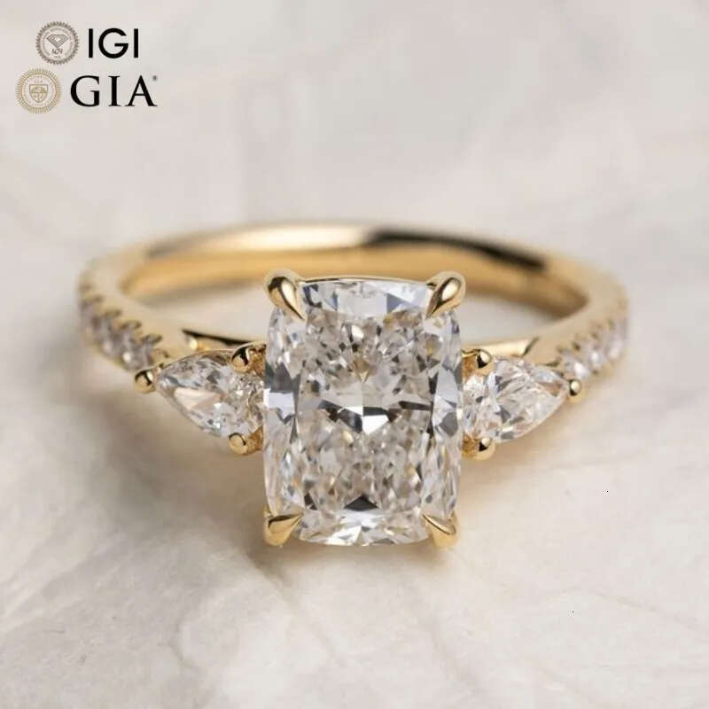 Gia Igi Certified Cvd Lab Grown Created Dia 14k Solid Gold Elongated Cushion Trilogy Engagement Ring Jewelry for Women