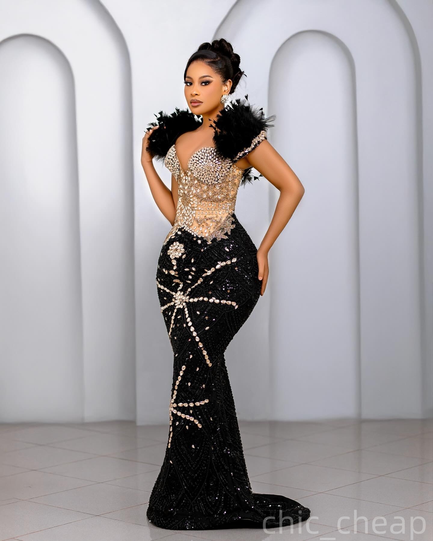 Mermaid Black Prom Dresses 2025 Crystals Feather Illusion Sequined Evening Formal Party Second Birthday Engagement Gowns Plus Size Dress For Special O