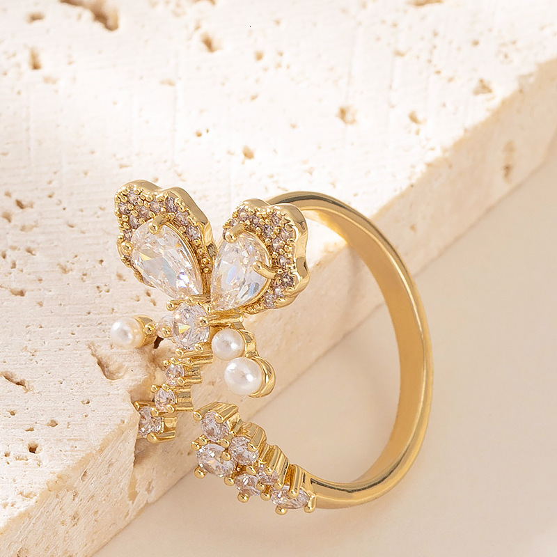 Fashion Simple Diamond-Studded Pearl Butterfly for Women, Non-Fading, Niche Adjustable Open Finger Ring