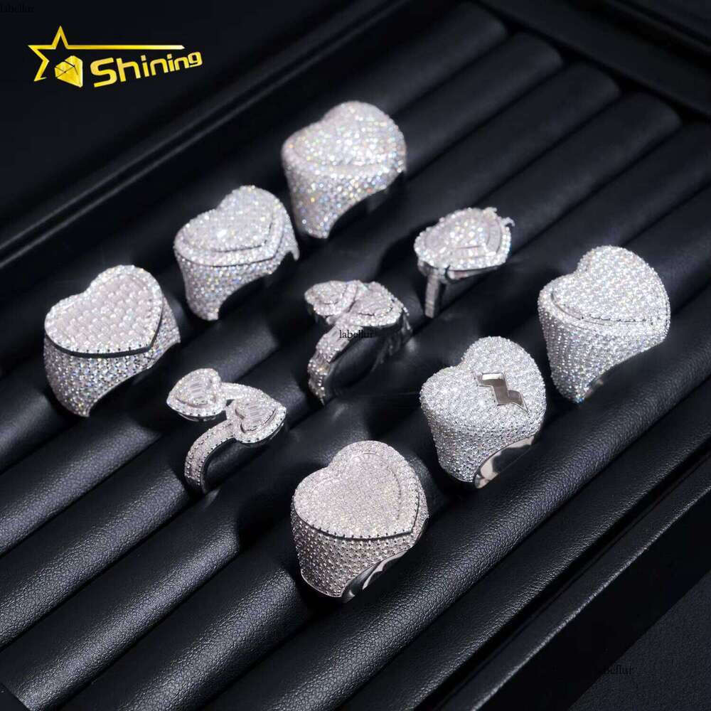 Fine Jewelry Pure Sier Gold-Plated Ice Out Men's Heart-Shaped VVS Silica Hip-Hop Ring