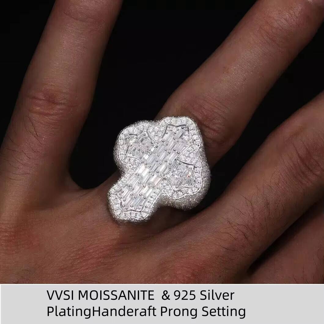 New Arrival Hip Hop Jewelry 925 Silver Gold Plated Cross Fully Iced Out Vvs baguette Moissanite Cuban Ring for Men