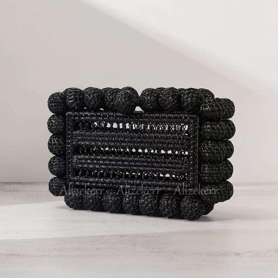 Alizekerr Beaded Hollow Out Wicker Bags Women Summer Designer Hand Woven Square Beach Straw Handbags Bohemian Holiday