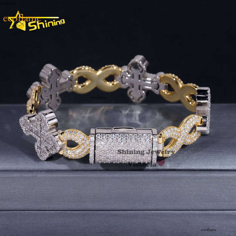 Iced Hip-Hop Jewelry 13mm GRA Cross Moissanite Link Sterling Sier Fashion Infinite Chain Cuban Bracelet