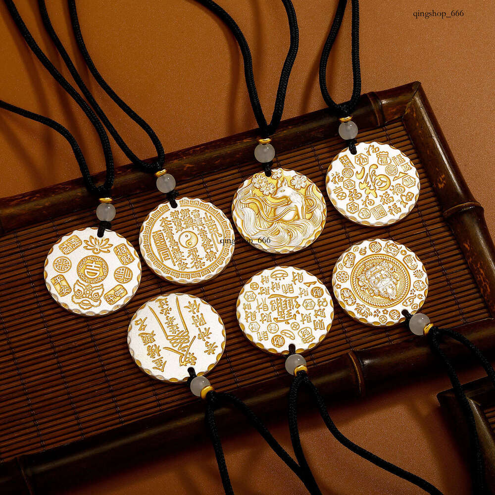 New Chinese Gold-Plated Ethnic Auspicious National Trend Ancient Style Solid Round Necklace for Men and Women Couples Pendant