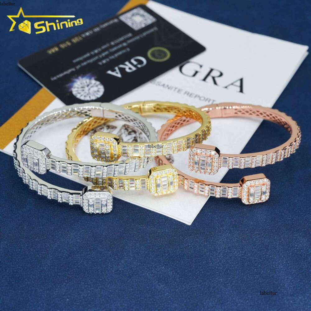 Factory Price Pass Tester Hip Hop Style 5MM Iced Out Baguette Dia Square Clasp Sier Moissanite Bangle Bracelet