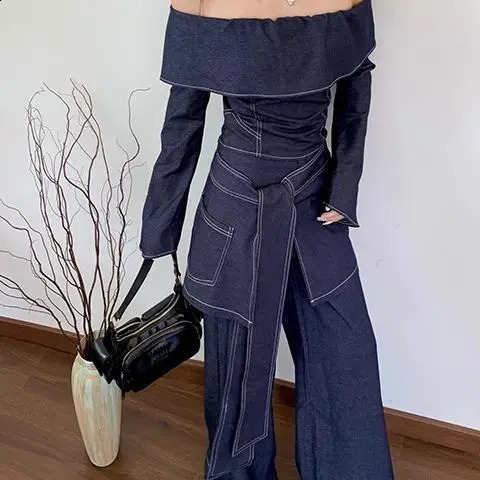Xgoth Spring Retro Off Shoulder Denim Long Sleeve Top Strap Waist Slimming Wide Leg Jeans Set Two Piece Set Women Outfits 250808