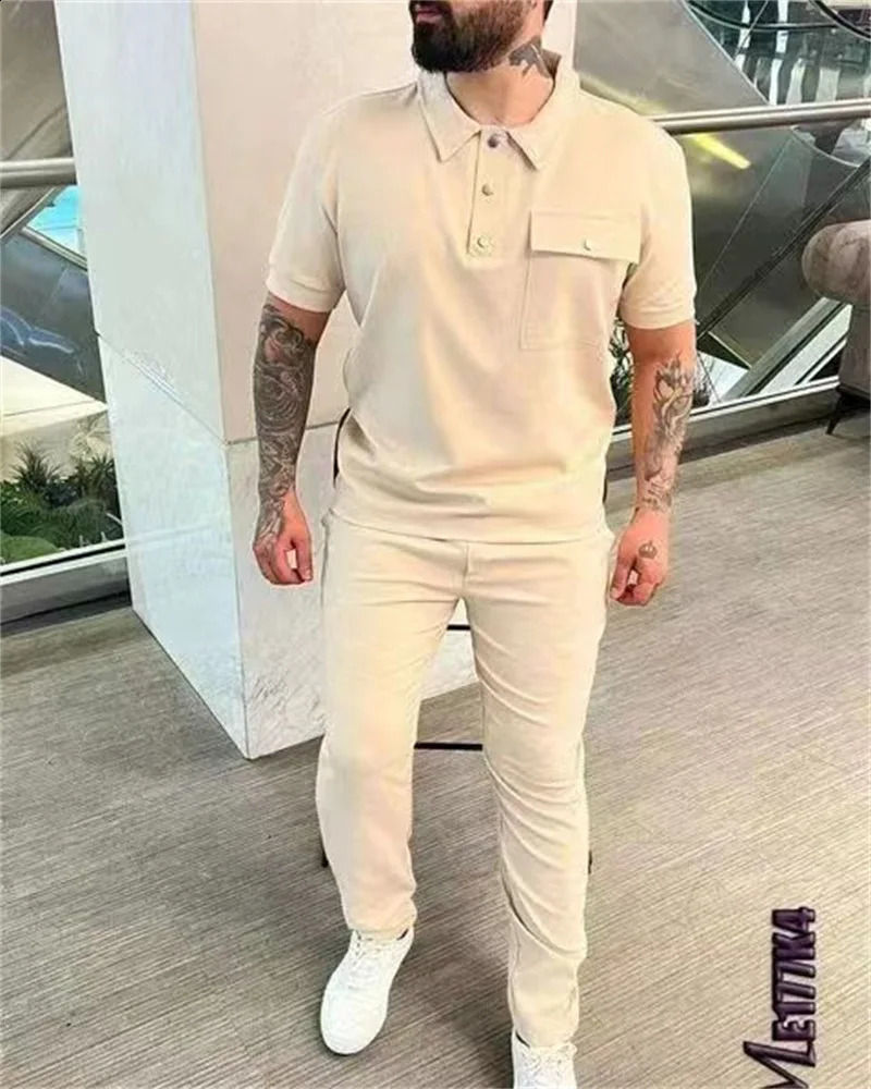 Summer Men Shortsleeved Suit fashionpocket Sportswear Shirt trousers Twopiece Mensuit SXXXL 250809