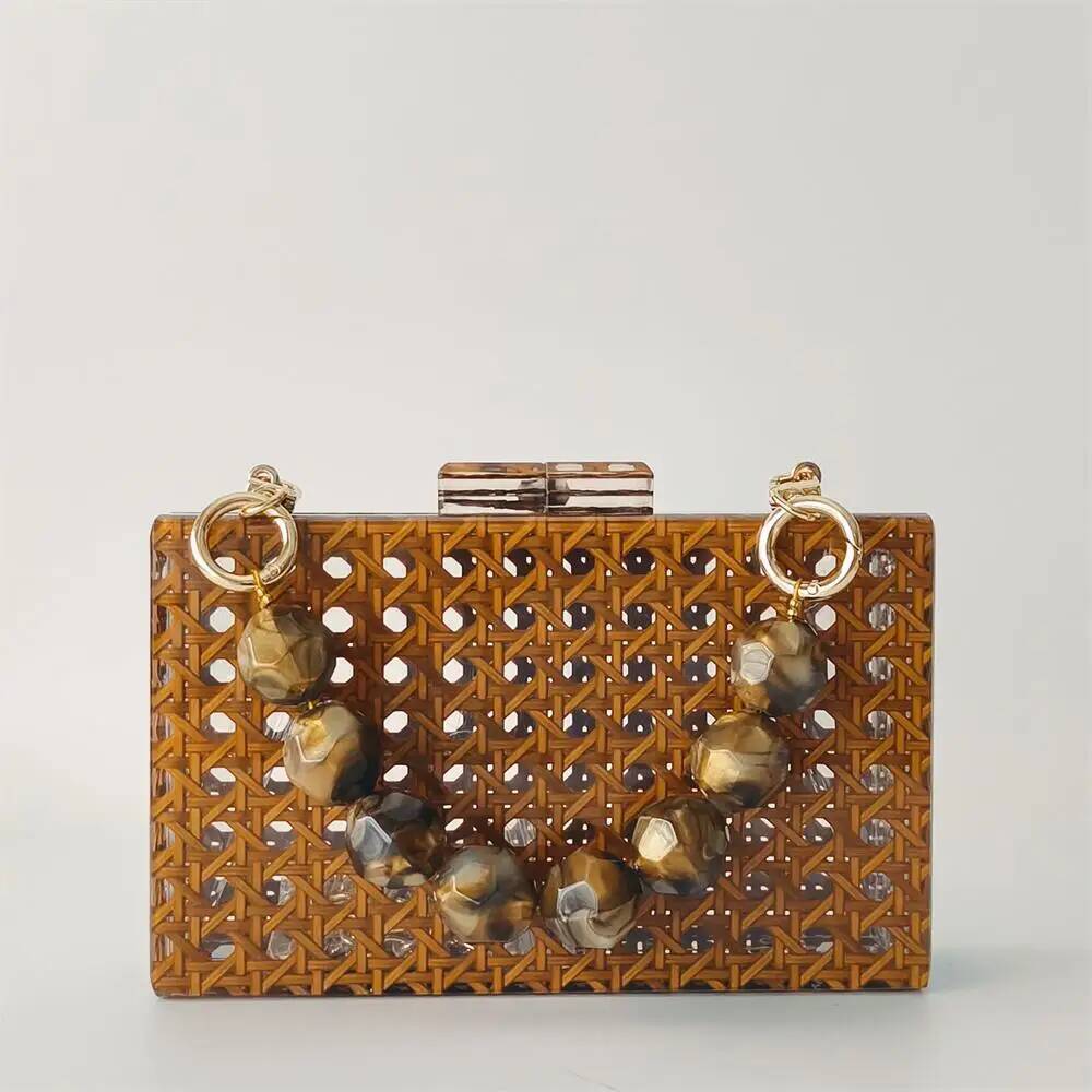 Acrylic Egg Cane Rattan Clutch Bag Wedding Party Summer Beach Dark Brown Flap Handbag Female Lady Designer Purse high-quality