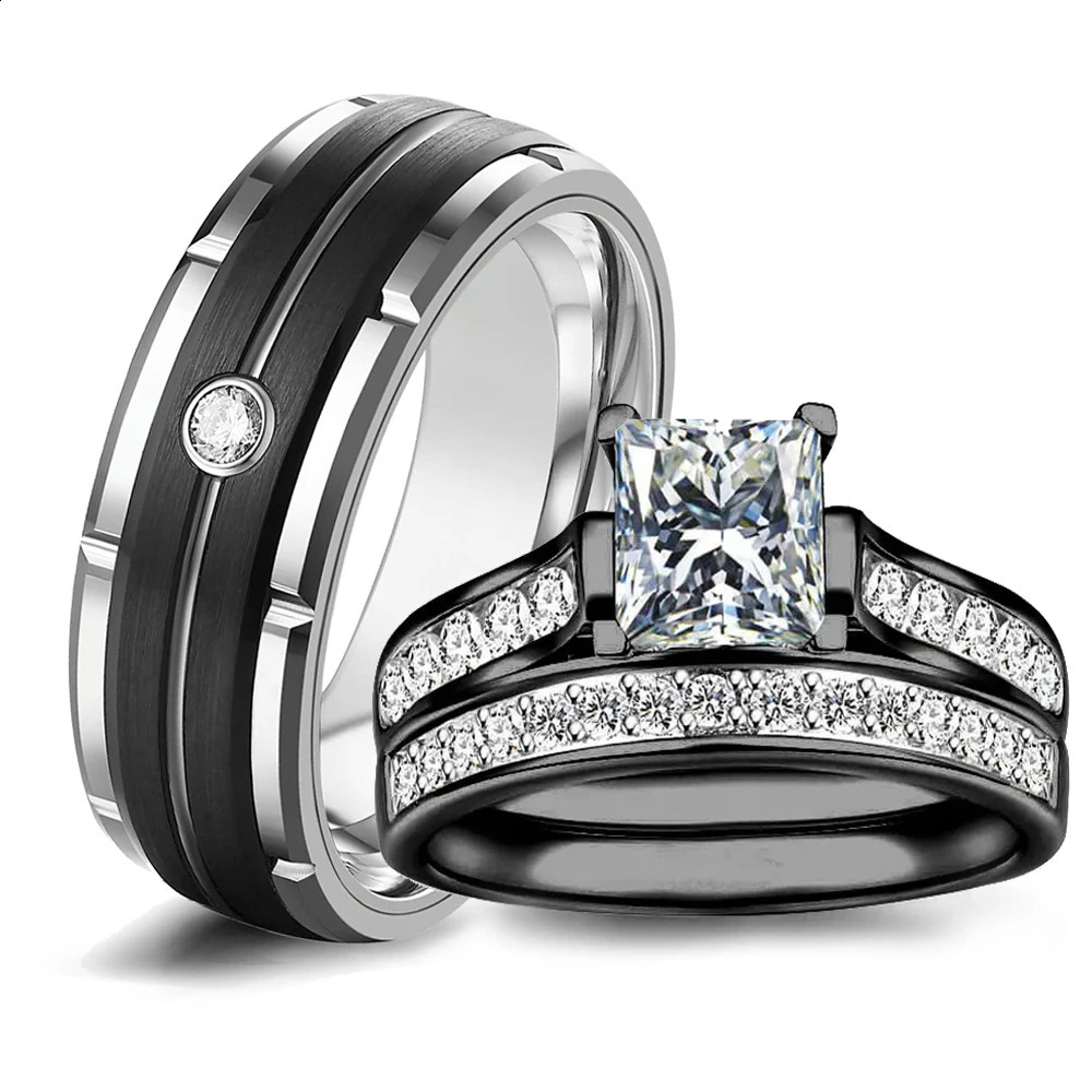 Fashion Couple Rings White Rhinestones Zircon Ring Sets Mens Stainless Steel Zircon Stones Rings Wedding Band Jewelry 250805