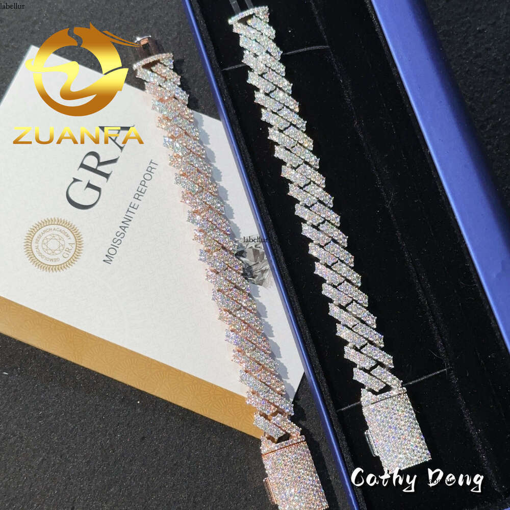 Instock Two Tone 15Mm 2 Row Vvs Moissanite Cuban K Sier Iced Out Hip Hop Bracelet