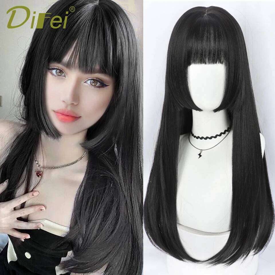 Natural Long Straight Synthetic Black With Bangs Lolita Cosplay Hair Wigs For Women Heat Resistant Fiber Daily Party Wig Fem