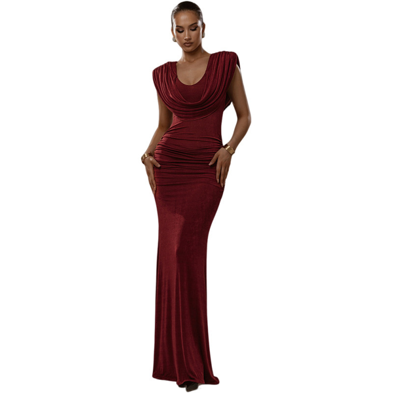 2025 Autumn New Womens Fashion Elegant Waist-Cinching Ruched Design Swing Collar Solid Color Dress