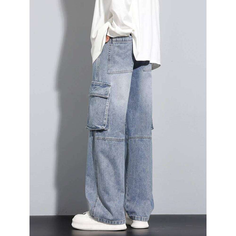 New Men's Baggy Straight Cargo Jeans Elastic Waist Vintage Blue Black Smoky gray Denim Pants Fashion High Street Male Trousers