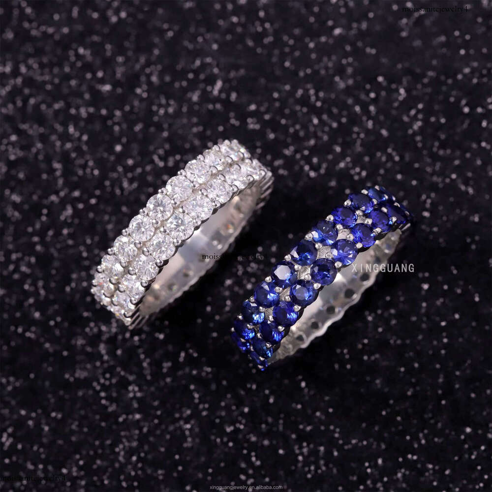 Xingguang Moissanite Jewelry Sterling Sier Lab Grown Sapphire Blue Dia Cuban Ring for Men Women