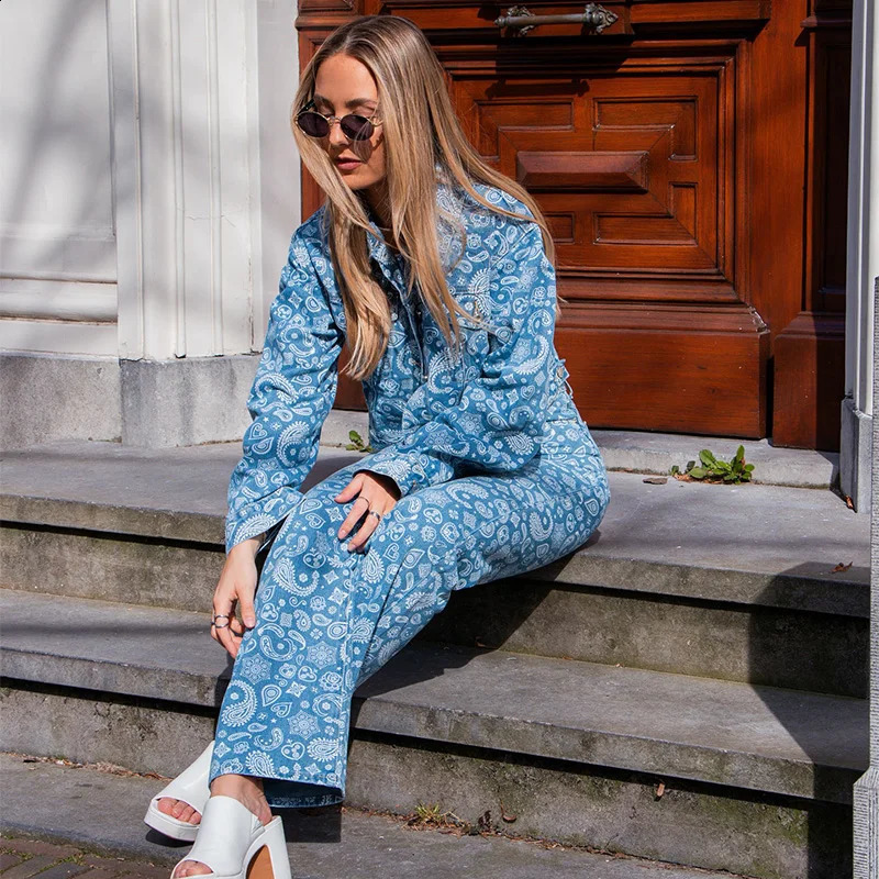Lapel Print Denim Jackets Coats Jeans Women 2 Piece Sets Baggy Single Breasted Tops Straight Trousers Pant Suits Outfit 250808