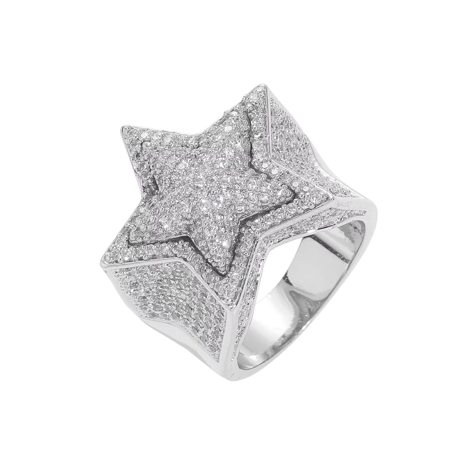 Hip Hop Fashion Luxury Jewelry High Quality Full Pave Moissanite Stone Five Pointed 3D Star Punky Rappers Rings for Men