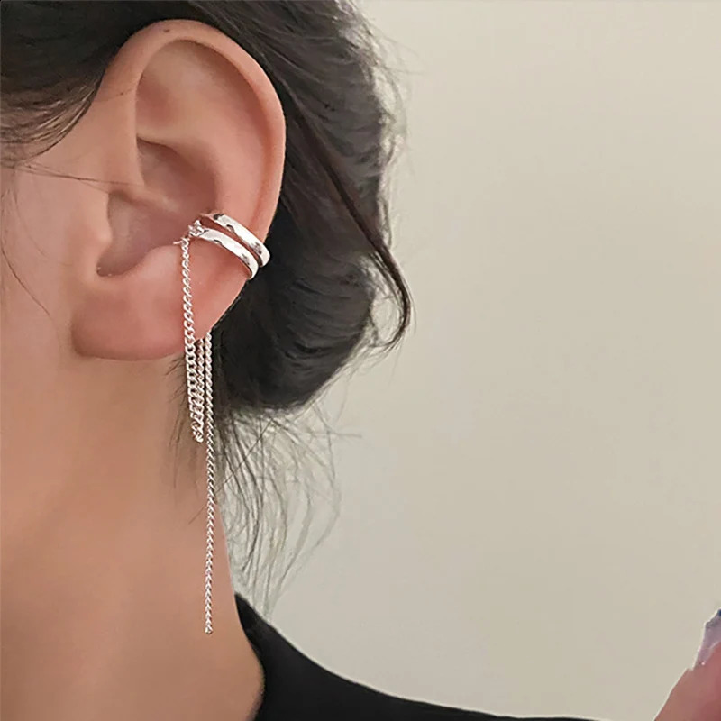 Foxanry Prevent Allergy Chain Tassel Ear Clip Bride Earrings for Women Fashion Simple Double-layered Geometric Party Jewelry 250807