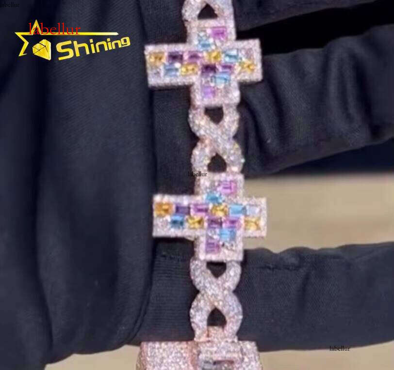Hot Sale Design Custom Sier Rose Gold Plated Multi-Colored Emerald Cut Infinity Link Cross Cuban Bracelet