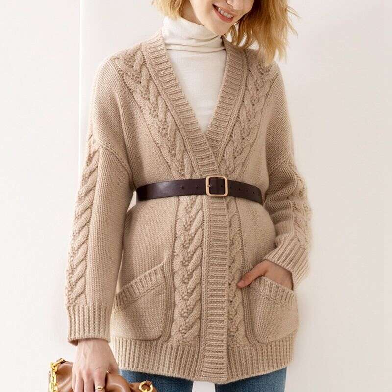 V-Neck Temperament Knitting Cardigan Autumn/Winter 2024 New Loose Fried Dough Twists Medium Length Sweater Women's Coat