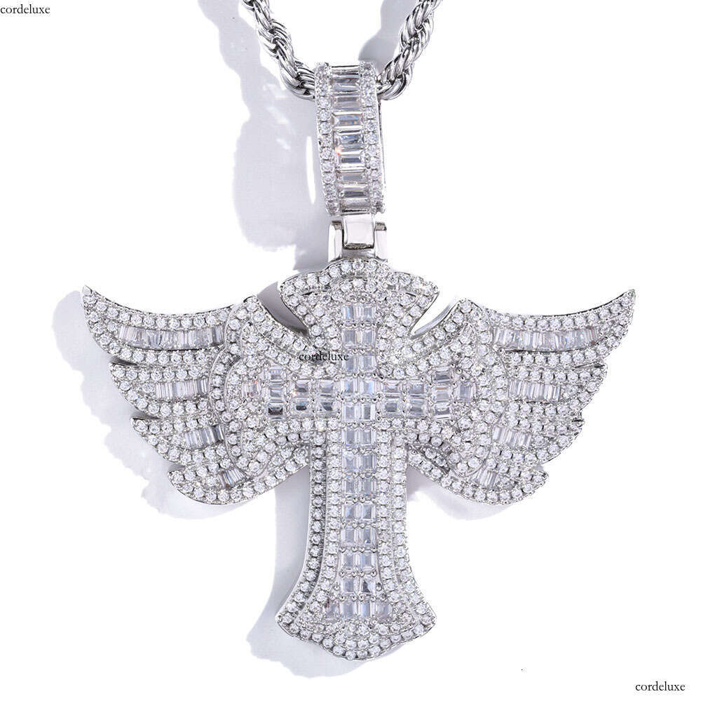 Hip Hop Angel Wings Moissanite chain Cross Pendant Necklace Fashionable Personality Trendy Men's Jewelry