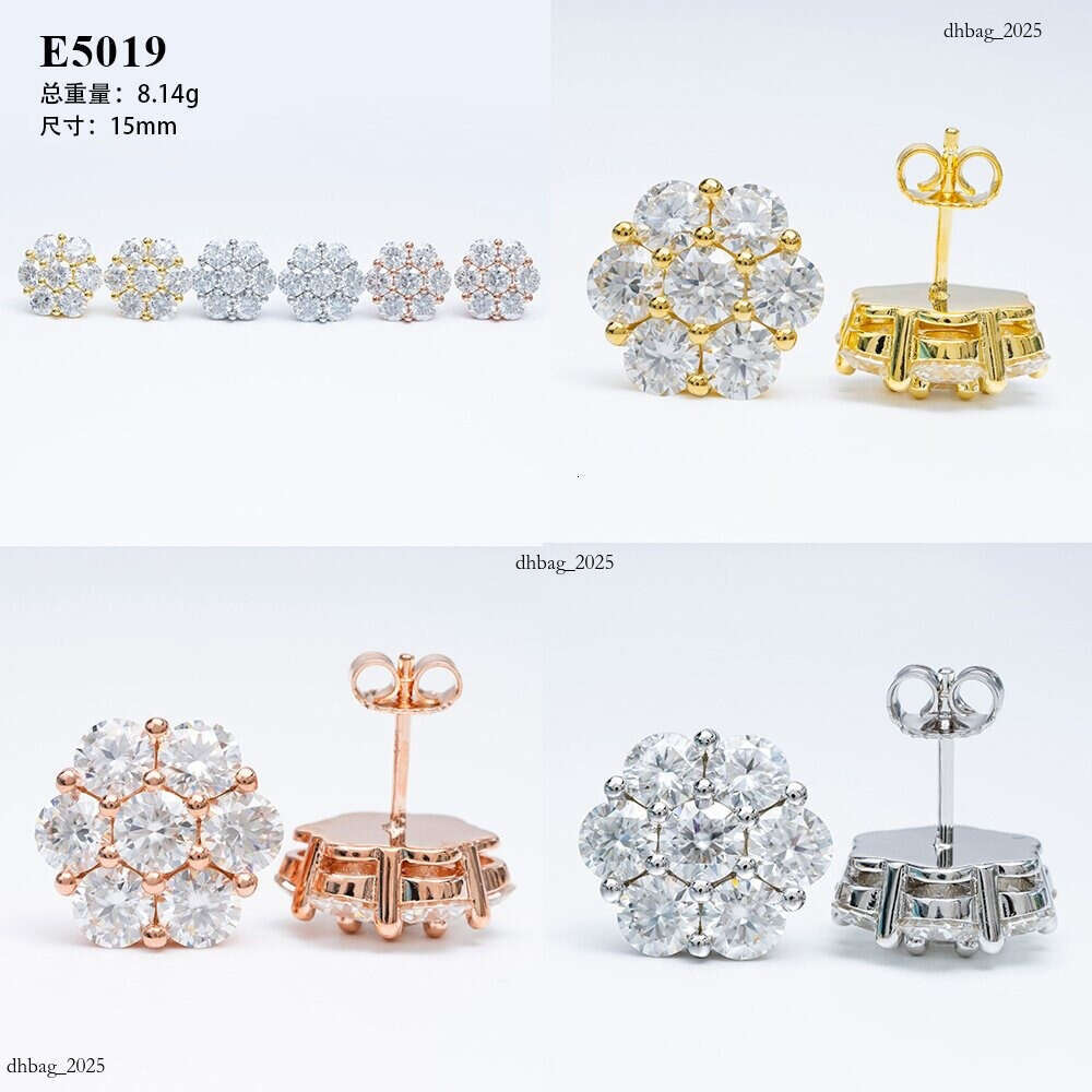 New Iced Out VVS 15.0mm Moissanite Full Inlaid Flower Stud Earrings Hip Hop Jewelry