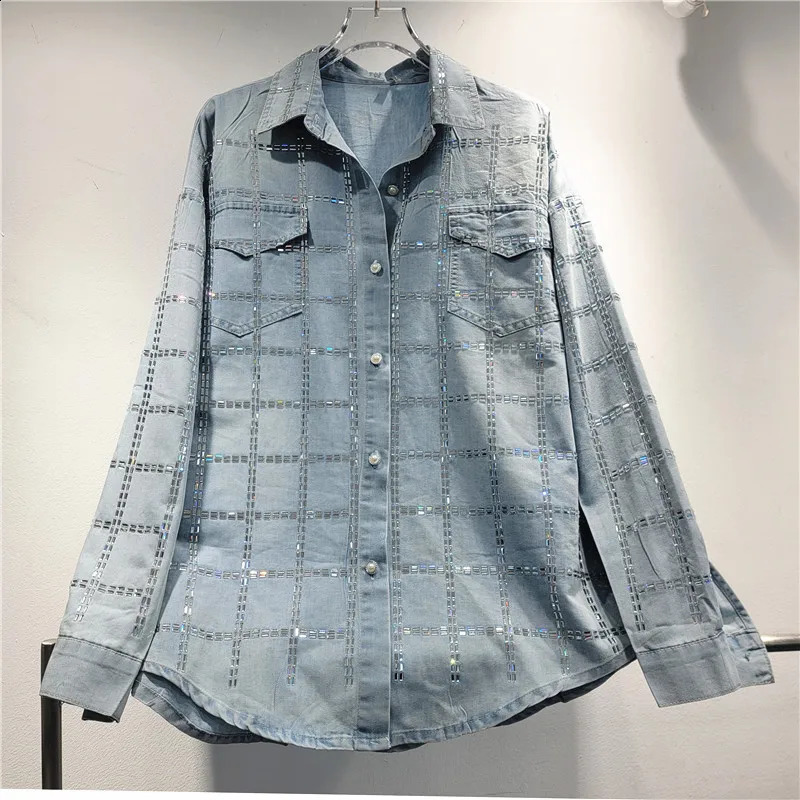 Women Plaids Diamonds Beaded Denim Shirt Rhinestones Jean Blouses Drilling Cardigan TopsSequined Wide Legs Pants Jeans 2pcs Set 250808