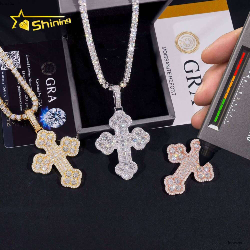 Custom Tennis Chain Sterling Sier Vvs Moissanite Hip Hop Iced Out Jewelry Fashion Cross Pendant