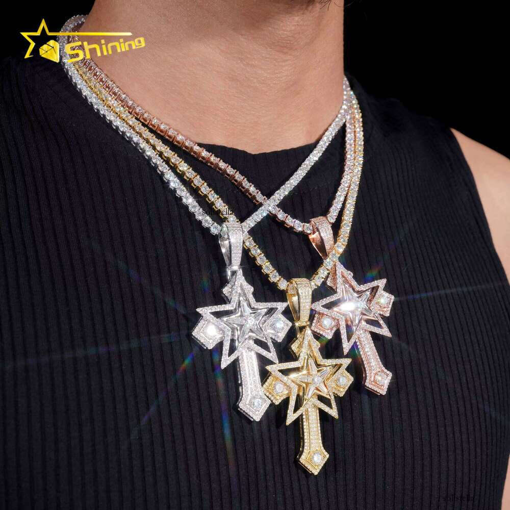 Ready to Ship Star Design Iced Out Cross Solid Sier with Moissanite Dia Hip Hop Pendant