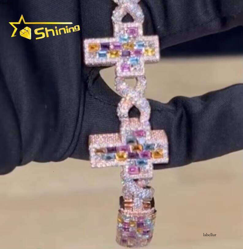 Hot Sale Design Custom Sier Rose Gold Plated Multi-Colored Emerald Cut Infinity Link Cross Cuban Bracelet
