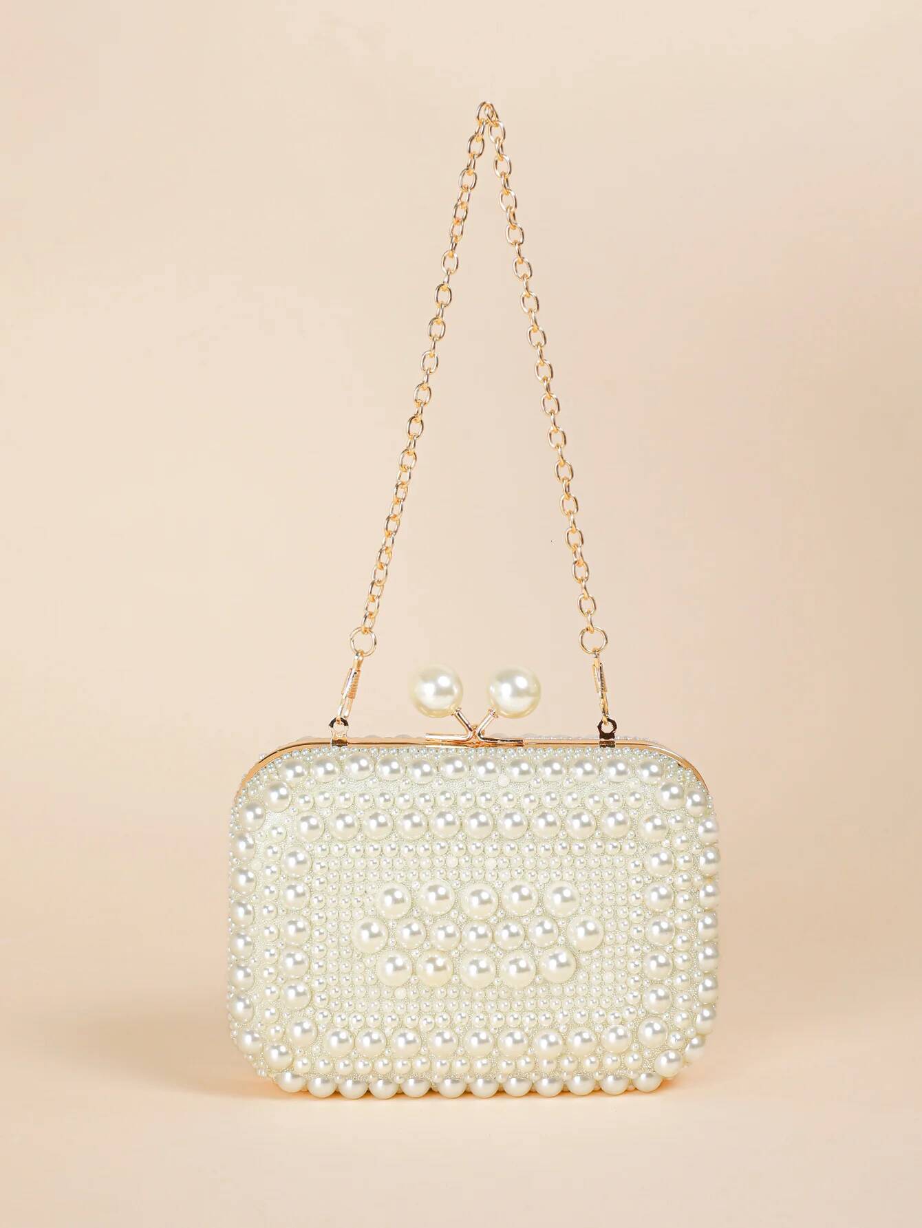 Glamorous Overall Pearl Beads Glossy Kiss Lock Metal Chain Clutch Box, Elegant Textured Frame Wedding Purse, Party Prom Dinner E