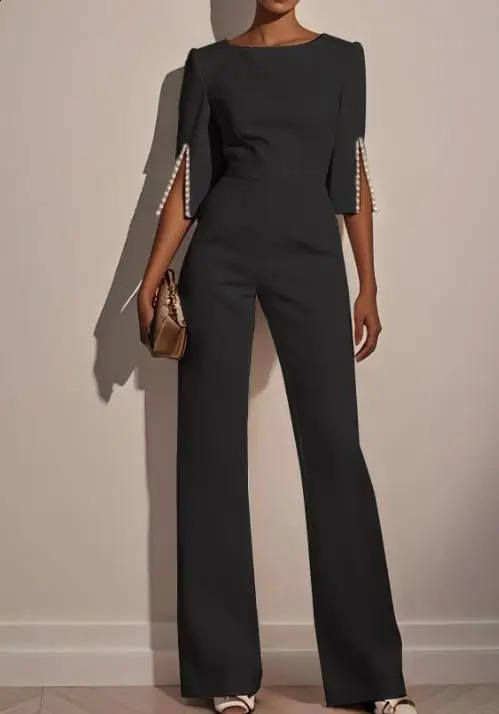 Female Elegant Long Jumpsuits 2025 Selling Spring Summer Solid High Waist Beaded Decor Slim Jumpsuit for Womens Clothing 250731