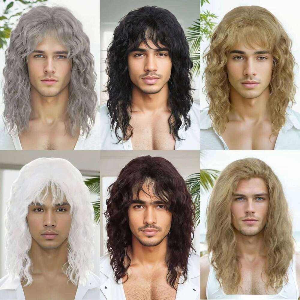Grey Cosplay Synthetic Wigs for Older Men Halloween Long Wavy with Bangs Natural Wave Carnival Party Hair Replacement Wig