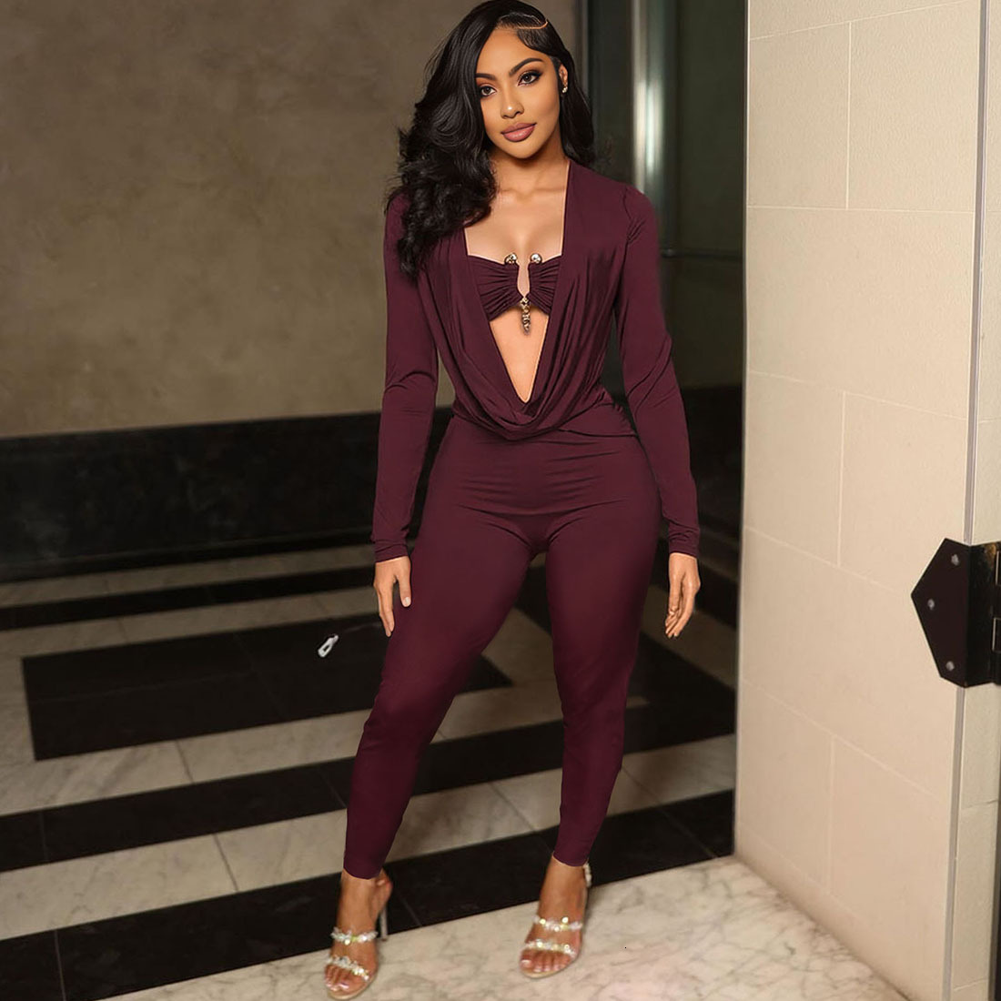 2025 Summer New Womens Fashion Sexy Strapless Scoop Neck Waist-Cinching Bodycon Solid Color Jumpsuit