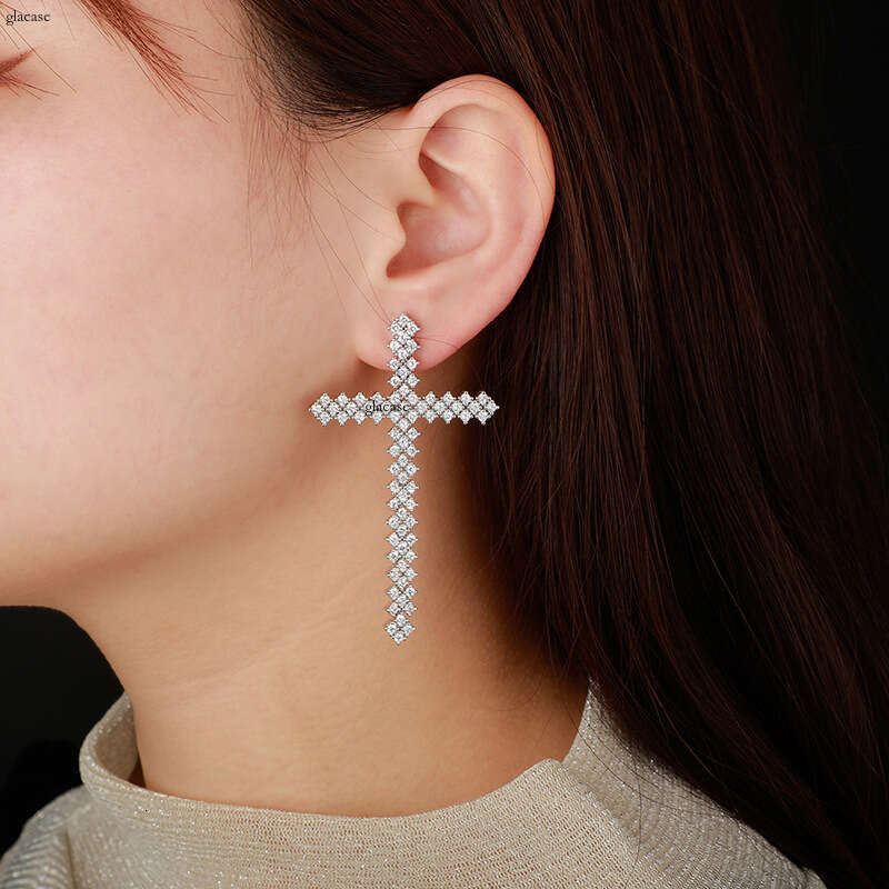 Fashion Light Women's Tassel Iced Out VVS Needle Dia Splicing Cross Trendy Cool Hip-hop Earrings