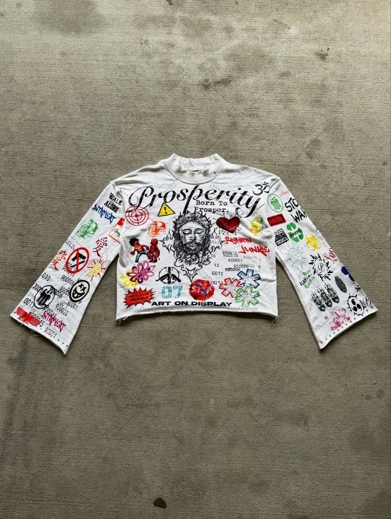 Hiphop Punk Y2K Harajuku Graphic Top Men Gothic Retro Casual Loose Round Neck Long Sleeve Tshirt Women Trendy Streetwear 250809