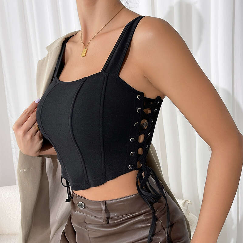 Pure Desire Tie Waist Cincher Slim Fit Black Tight Fishbone Corset Sexy Strap Tank Top
