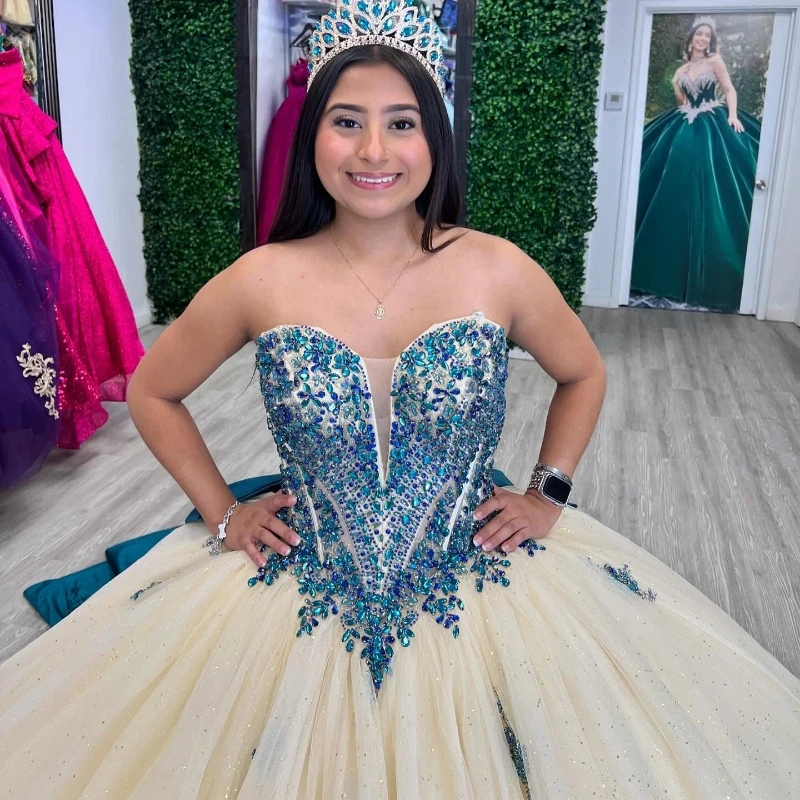 Light Champagne Quinceanera Dresses Ball Gown Off The Shoulder Applique Lace Beads Bow Tull Party Birthday Sweet 16 Dress Vestidos 15 Anos