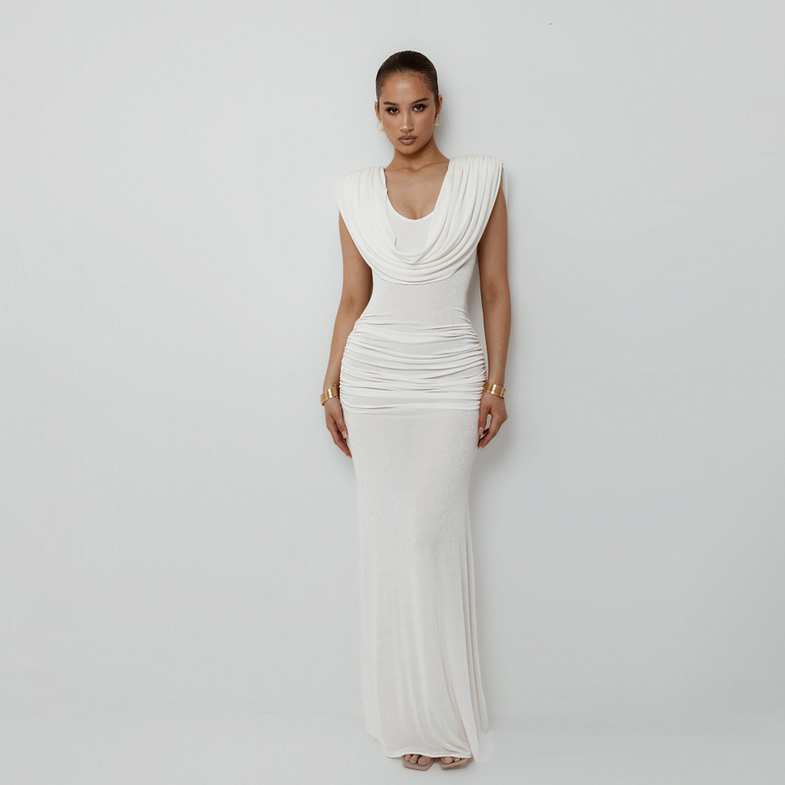 2025 Autumn New Womens Fashion Elegant Waist-Cinching Ruched Design Swing Collar Solid Color Dress