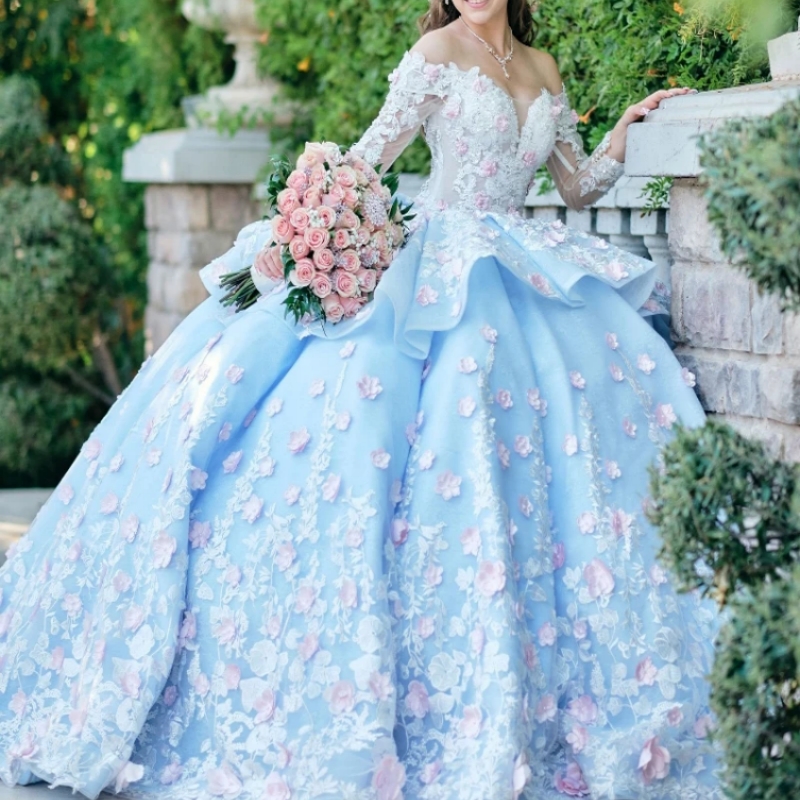 Sky Blue Quinceanera Dresses Ball Gown Off The Shoulder Applique Flower Beading Tull Party Birthday Vestidos 15 De Anos