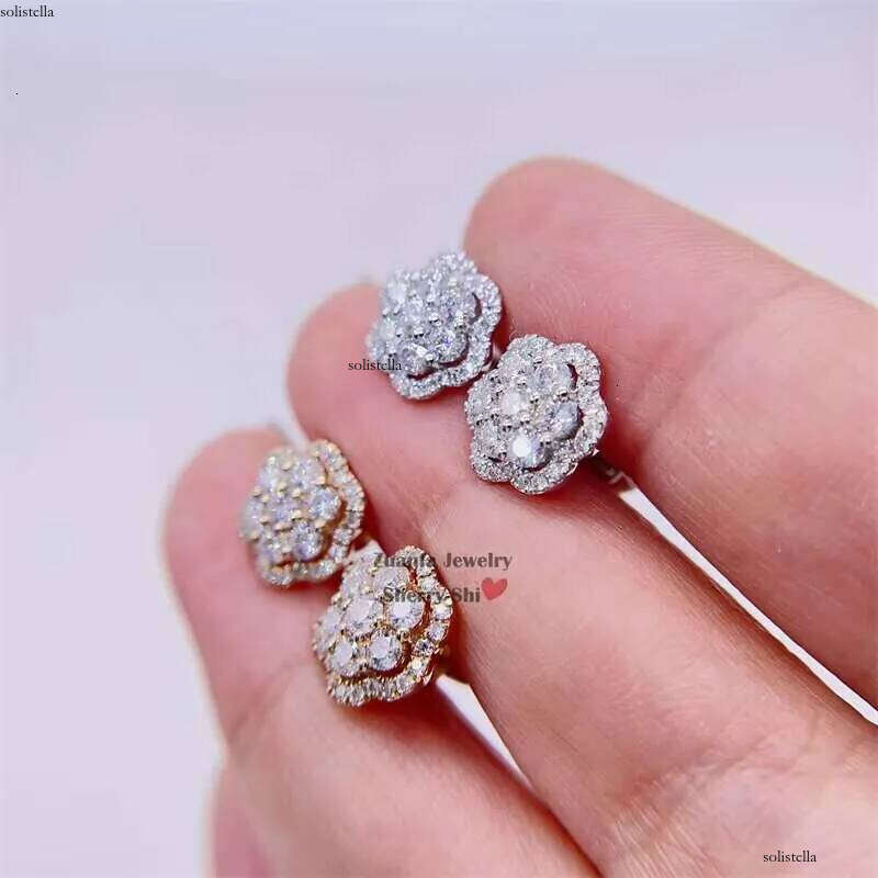 Iced Out Hip Hop Pass Dia Tester Men 10k Gold Flower Cluster Vvs Moissanite Earrings Stud