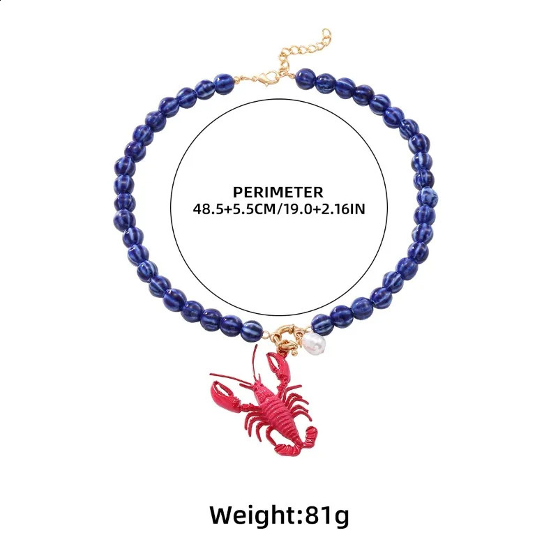 Exaggerated Red Lobster Blue Bead Necklace Handmade Imitation Pearl Summer Beach Fashion Accessory 250805