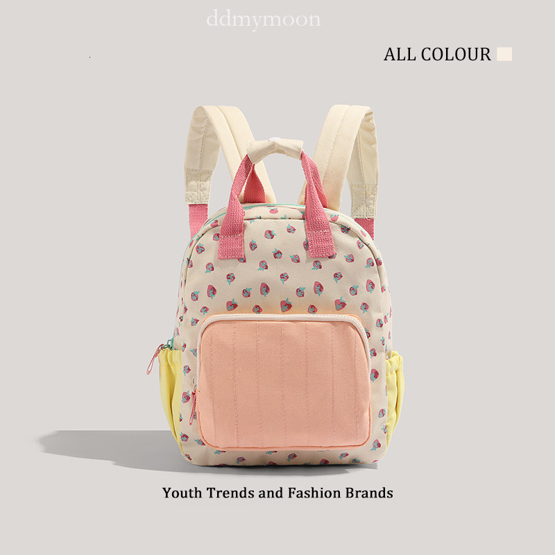 Strawberry Print Women's Canvas Dopamine Color Block Cute Backpack ddmymoon